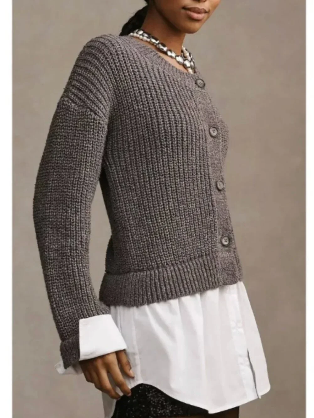 By Anthropologie Cropped Twofer Cardigan M Gray Shirt Hem Academia Preppy Oxford